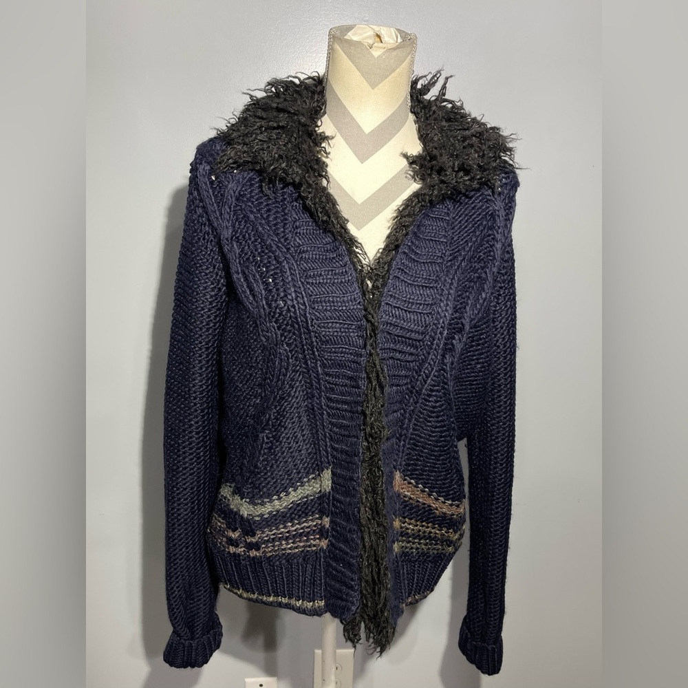 Free People Navy Cardigan with Faux Fur Collar